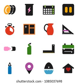 solid vector icon set - window cleaning vector, agent, plates, cook timer, jug, corner ruler, backpack, punching bag, enegry drink, calendar, pause button, connection, pin, love home