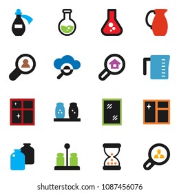 solid vector icon set - window cleaning vector, shining, measuring cup, spices, jug, jar, flask, sand clock, potion, cloud glass, search estate, client