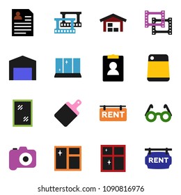 solid vector icon set - window cleaning vector, shining, cutting board, glasses, personal information, film frame, camera, barn, rent signboard