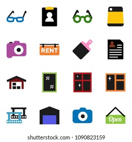 solid vector icon set - window cleaning vector, shining, cutting board, glasses, personal information, film frame, camera, barn, rent signboard, open