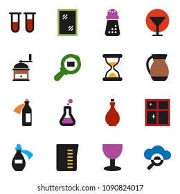 solid vector icon set - window cleaning vector, shining, oil, measuring cup, hand mill, jug, glass, cargo search, flask, vial, sand clock, potion, cloud