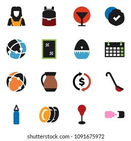 solid vector icon set - window cleaning vector, plates, cleaner woman, cook timer, ladle, jug, backpack, exchange, punching bag, calendar, glass, protected, connection