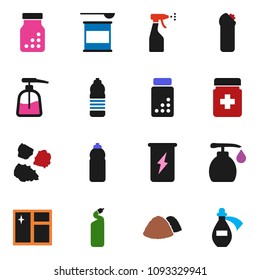 solid vector icon set - window cleaning vector, liquid soap, sprayer, agent, garbage pile, pills vial, sports nutrition, enegry drink, water bottle, potion