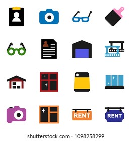 solid vector icon set - window cleaning vector, shining, cutting board, glasses, personal information, film frame, camera, barn, rent signboard
