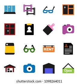 solid vector icon set - window cleaning vector, shining, cutting board, glasses, personal information, film frame, camera, barn, rent signboard, open