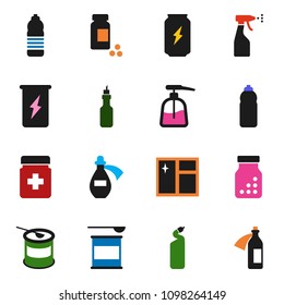 solid vector icon set - window cleaning vector, liquid soap, sprayer, agent, oil, pills vial, sports nutrition, enegry drink, water bottle, potion