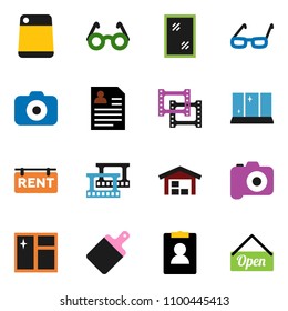solid vector icon set - window cleaning vector, shining, cutting board, glasses, personal information, film frame, camera, barn, rent signboard, open