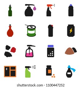solid vector icon set - window cleaning vector, liquid soap, sprayer, agent, garbage pile, oil, pills vial, sports nutrition, enegry drink, water bottle, potion