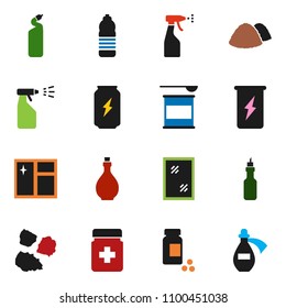 solid vector icon set - window cleaning vector, sprayer, agent, garbage pile, oil, pills vial, sports nutrition, enegry drink, water bottle, potion