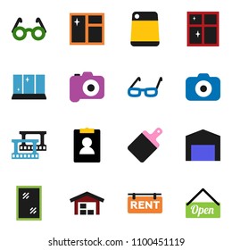 solid vector icon set - window cleaning vector, shining, cutting board, glasses, personal information, film frame, camera, barn, rent signboard, open
