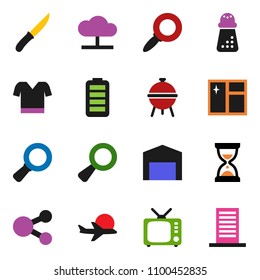 solid vector icon set - window cleaning vector, knife, hand mill, bbq, magnifier, sand clock, t shirt, plane, tv, battery, cloud network, share, barn, building
