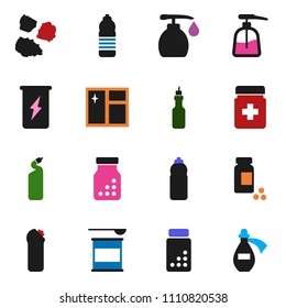solid vector icon set - window cleaning vector, liquid soap, agent, garbage pile, oil, pills vial, sports nutrition, energy drink, water bottle, potion