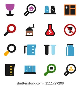 solid vector icon set - window cleaning vector, shining, measuring cup, hand mill, spices, jar, magnifier, flask, no alcohol sign, glass, cargo search, vial, estate, client