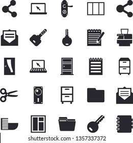 Solid vector icon set - window flat vector, Entrance door, lock, computer file, copy machine, archive, laptop, notepad, hotel first line fector, key, share, scissors, message, notebook