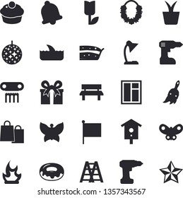 Solid vector icon set - window flat vector, drill screwdriver, ladder, cupcake, piece of cake, donut, nesting box, home plant, paint brush, tulip, butterflies, bonfire, bench, flag, bags, present
