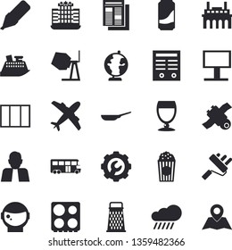 Solid vector icon set - window flat vector, concrete mixer, paint roller, repair, frying pan, electric stove, grater, popcorn, lemonade, wine, rain, plant, billboard, person, marker, news, contract