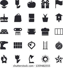 Solid vector icon set - window flat vector, drill screwdriver, ladder, tile, flooring, cook hat, fridge, cake, tomato, mushroom, nesting box, home plant, tulip, bonfire, bench, flag, bags, present
