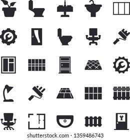 Solid vector icon set - window flat vector, paint roller, sink, toilet, house layout, Entrance door, tile, repair, flooring, heating batteries, home plant, office chair, reading lamp, doctor's