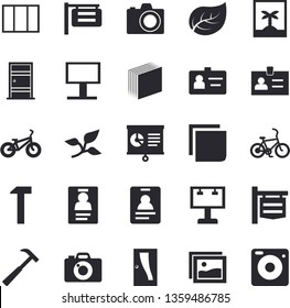 Solid vector icon set - window flat vector, Entrance door, hammer, tree leaf, signboard, billboard, chart, badge, sticker, bicycle, fector, camera, photo, gallery