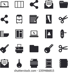 Solid vector icon set - window flat vector, Entrance door, lock, computer file, copy machine, archive, laptop, notepad, hotel first line fector, key, share, scissors, message, notebook