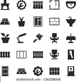 Solid vector icon set - window flat vector, paint roller, sink, house layout, Entrance door, tile, repair, flooring, heating batteries, home plant, fireplace, office chair, reading lamp, doctor's