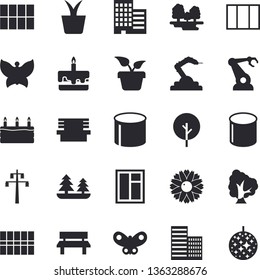 Solid vector icon set - window flat vector, skyscraper, tile, cake, home plant, tree, flower, butterflies, bench, forest, power line support, pipe production, robotics, disco ball fector