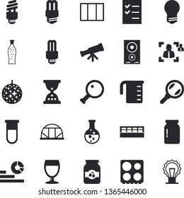 Solid vector icon set - window flat vector, energy saving lamp, meashuring cup, electric stove, induction cooker, spice, glass jar, lemonade, wine, jam, greenhouse, chemistry, magnifier, statistics
