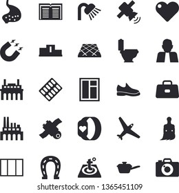 Solid vector icon set - window flat vector, toilet, shower, flooring, warm floor, saute, horseshoe, paint brush, plant, magnet, person, pill packaging, briefcase, stomach, satellit, pedestal, heart