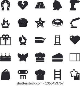 Solid vector icon set - window flat vector, drill screwdriver, flooring, cook hat, cupcake, piece of cake, donut, horseshoe, ladder, butterflies, bonfire, bags, present, reading lamp, starfish, bell