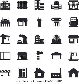 Solid vector icon set - window flat vector, skyscraper, heating batteries, barrier, grain warehouse, house, refueling, factory, manufactory, plant, crane, store front, lighthouse, hospital, hotel