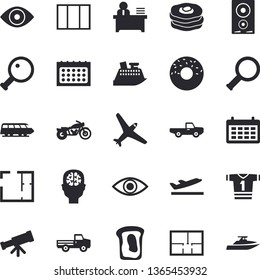 Solid vector icon set - window flat vector, house layout, induction cooker, donut, sandwich, pancakes, pickup truck, calendar, eye, office worker, magnifier, telescope, brain fector, sport T shirt