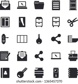 Solid vector icon set - window flat vector, Entrance door, lock, computer file, copy machine, archive, laptop, notepad, hotel first line fector, key, share, scissors, message, notebook