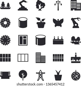 Solid vector icon set - window flat vector, skyscraper, tile, cake, home plant, tree, flower, butterflies, bench, forest, power line support, pipe production, robotics, disco ball fector