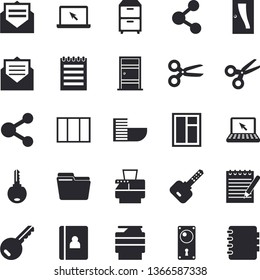 Solid vector icon set - window flat vector, Entrance door, lock, computer file, copy machine, archive, laptop, notepad, hotel first line, key, share, scissors, message, notebook