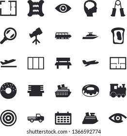 Solid vector icon set - window flat vector, house layout, induction cooker, donut, sandwich, pickup truck, bench, magnifier, calendar, telescope, brain fector, carpal expander, aircraft, train, eye