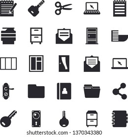 Solid vector icon set - window flat vector, Entrance door, lock, computer file, copy machine, archive, laptop, notepad, hotel first line vector, key, share, scissors, message, notebook