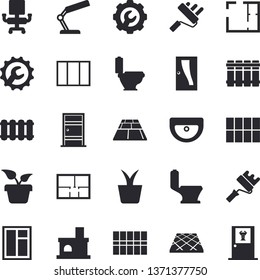 Solid vector icon set - window flat vector, paint roller, sink, toilet, house layout, Entrance door, tile, repair, flooring, heating batteries, home plant, fireplace, office chair, reading lamp