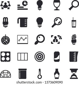 Solid vector icon set - window flat vector, energy saving lamp, meashuring cup, electric stove, induction cooker, ketchup, lemonade, wine, soda, jam, thermometer, greenhouse, magnifier, statistics