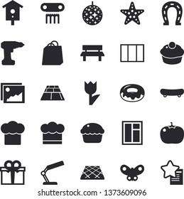 Solid vector icon set - window flat vector, drill screwdriver, flooring, cook hat, cupcake, donut, tomato, nesting box, horseshoe, tulip, butterflies, bench, bags, present, reading lamp, skateboard