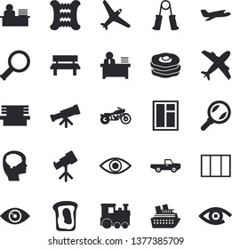 Solid vector icon set - window flat vector, sandwich, pancakes, pickup truck, bench, magnifier, eye, office worker, telescope, brain fector, carpal expander, aircraft, train, motorcycle, cruise ship