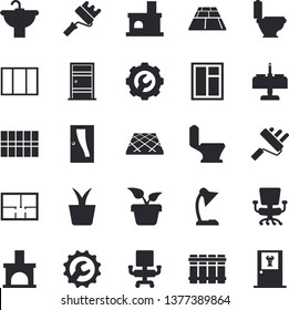 Solid vector icon set - window flat vector, paint roller, sink, toilet, house layout, Entrance door, tile, repair, flooring, heating batteries, home plant, fireplace, office chair, reading lamp