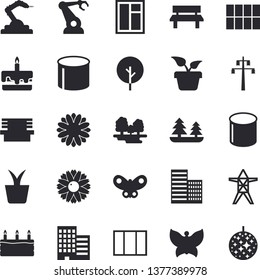 Solid vector icon set - window flat vector, skyscraper, tile, cake, home plant, tree, flower, butterflies, bench, forest, power line support, pipe production, robotics, disco ball fector