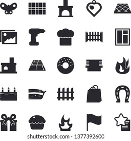 Solid vector icon set - window flat vector, drill screwdriver, tile, fence, flooring, cook hat, fire, cupcake, piece of cake, donut, horseshoe, butterflies, bonfire, bench, fireplace, flag, bags