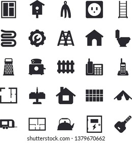 Solid vector icon set - window flat vector, ladder, toilet, house layout, sockets, tile, switch box, repair, teapot, towel, toaster, grater, nesting, radiator, telephone, trailer fector, tent, key