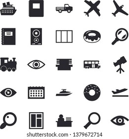 Solid vector icon set - window flat vector, induction cooker, donut, pickup truck, bench, magnifier, calendar, eye, office worker, notebook, telescope, aircraft fector, train, bus, departure, yacht