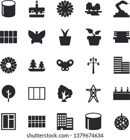 Solid vector icon set - window flat vector, skyscraper, tile, cake, home plant, tree, flower, butterflies, bench, forest, power line support, pipe production, robotics, disco ball fector