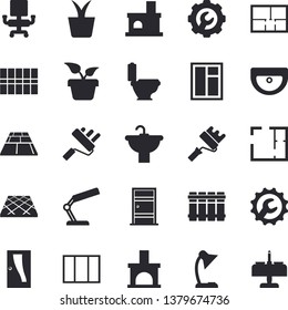 Solid vector icon set - window flat vector, paint roller, sink, toilet, house layout, Entrance door, tile, repair, flooring, heating batteries, home plant, fireplace, office chair, reading lamp