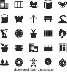 Solid vector icon set - window flat vector, skyscraper, tile, cake, home plant, tree, flower, butterflies, bench, forest, power line support, pipe production, robotics, disco ball fector