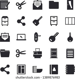 Solid vector icon set - window flat vector, Entrance door, lock, computer file, copy machine, archive, laptop, notepad, hotel first line fector, key, share, scissors, message, notebook