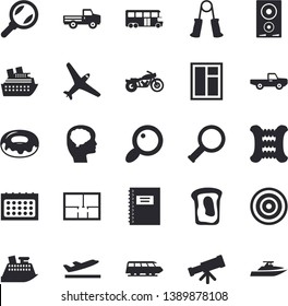 Solid vector icon set - window flat vector, house layout, induction cooker, donut, sandwich, pickup truck, magnifier, calendar, notebook, telescope, brain fector, carpal expander, aircraft, train